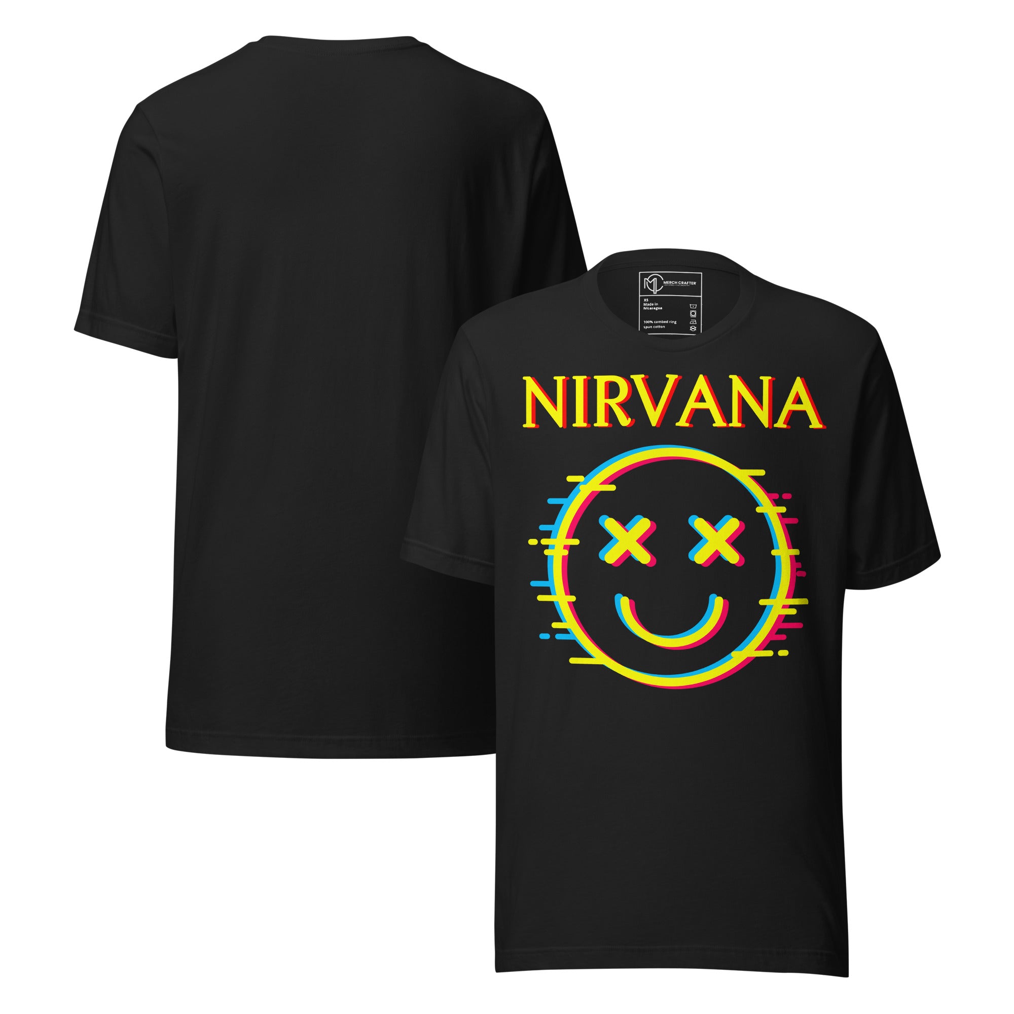 Vintage Nirvana Retro Unisex T-Shirt featuring neon smiley face graphic on black fabric.