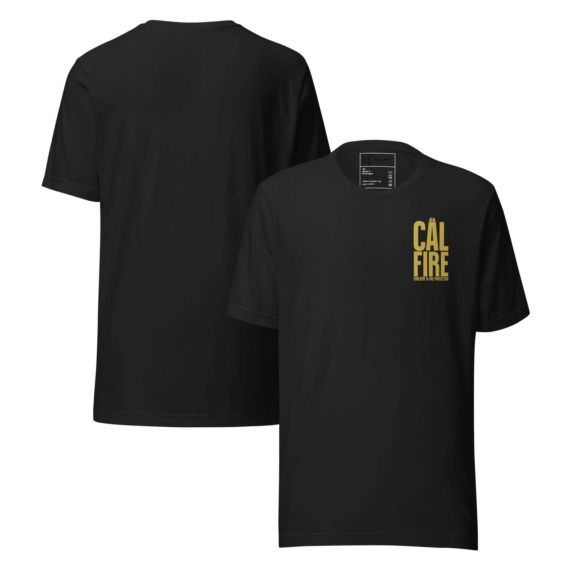 CAL FIRE Forestry & Fire Protection Retro Unisex T-Shirt with bold gold lettering on a black background.