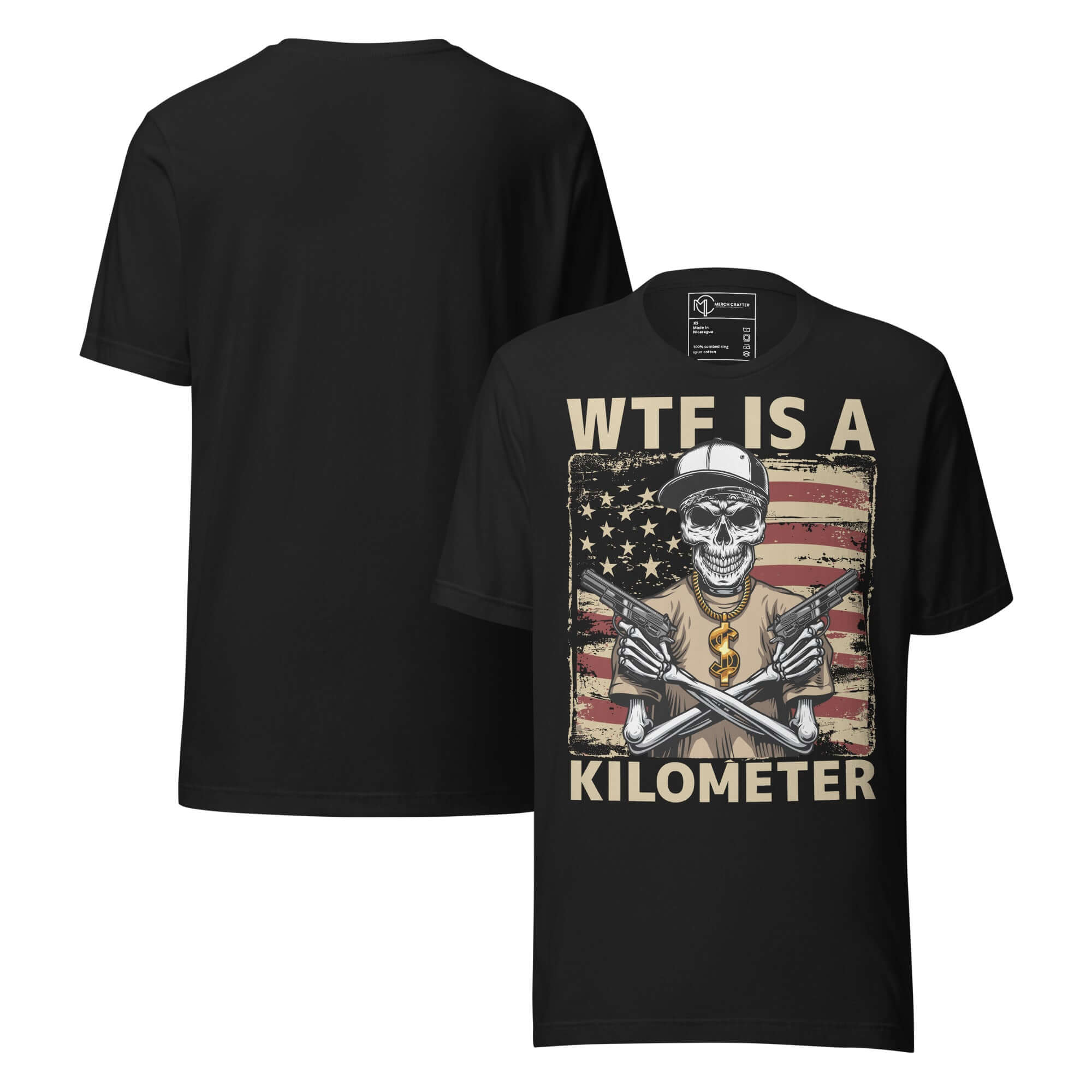 WTF Is a Kilometer Funny Patriotic Unisex T-Shirt featuring a skeleton gangster on an American flag.