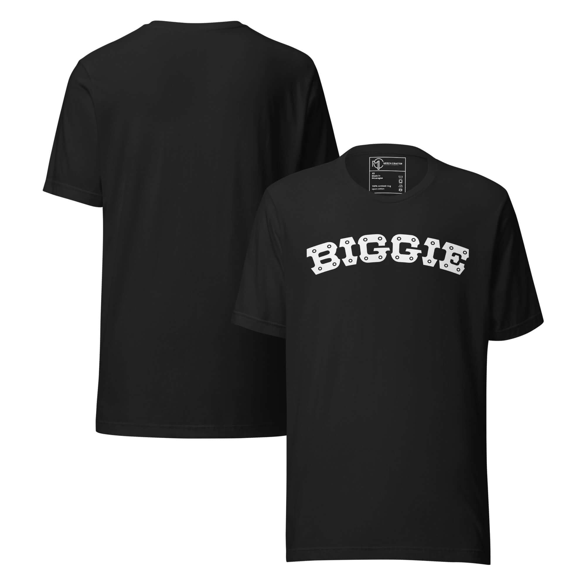Biggie Retro Hip Hop Unisex T-Shirt featuring bold block lettering on a black t-shirt.