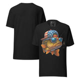 Patriotic Bass Fishing USA Flag Unisex T-Shirt featuring a bass fish with American flag sunglasses and cap.