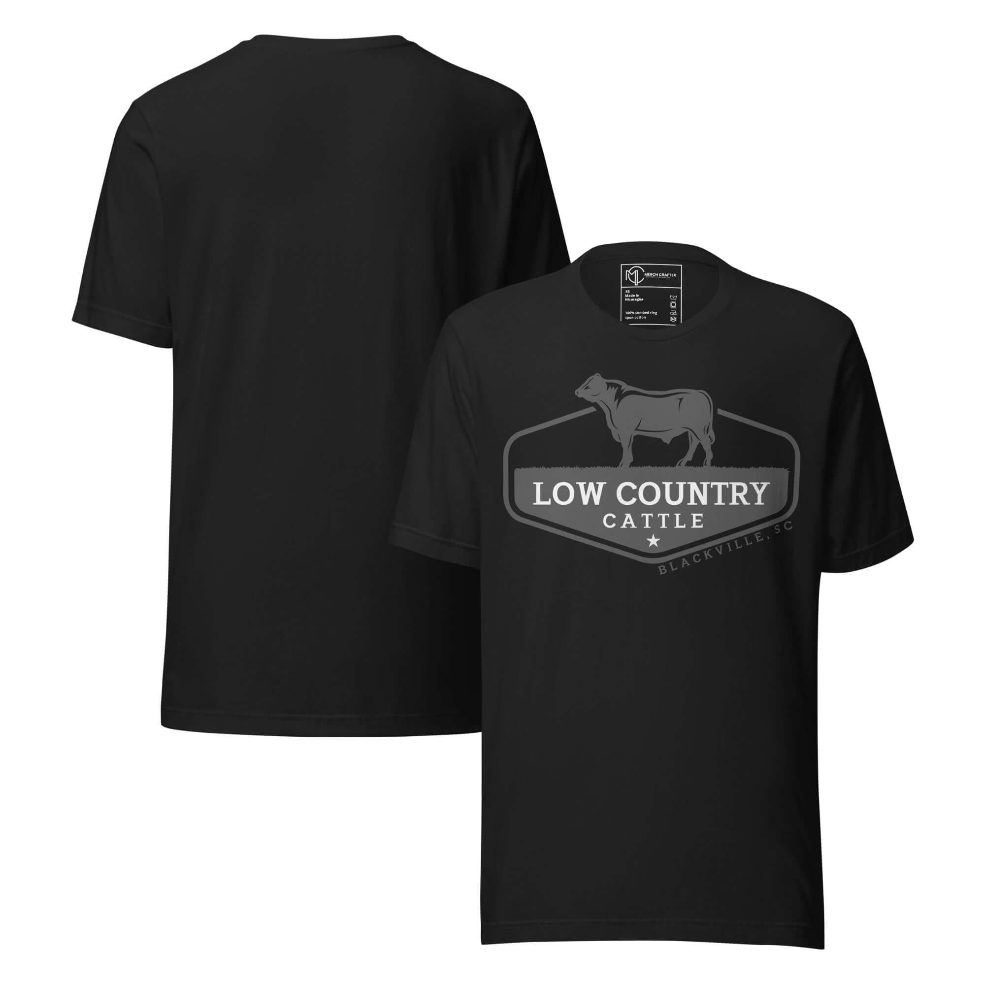 Low Country Cattle Ranch Pride Unisex T-Shirt featuring bold cattle silhouette and ranch logo design.