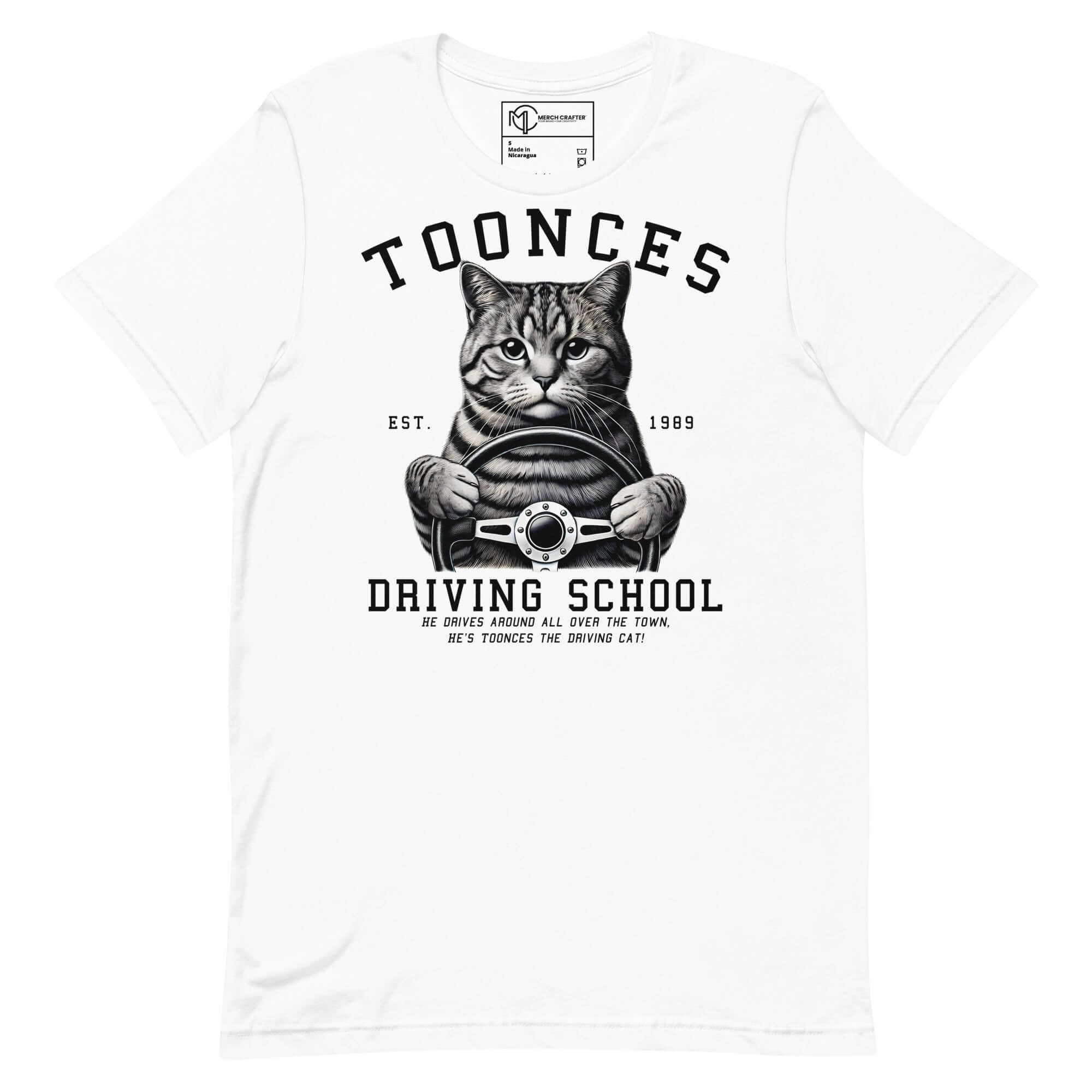 Toonces Driving School t-shirt featuring a cat gripping a steering wheel, established 1989, artistic tribute to SNL's Toonces.