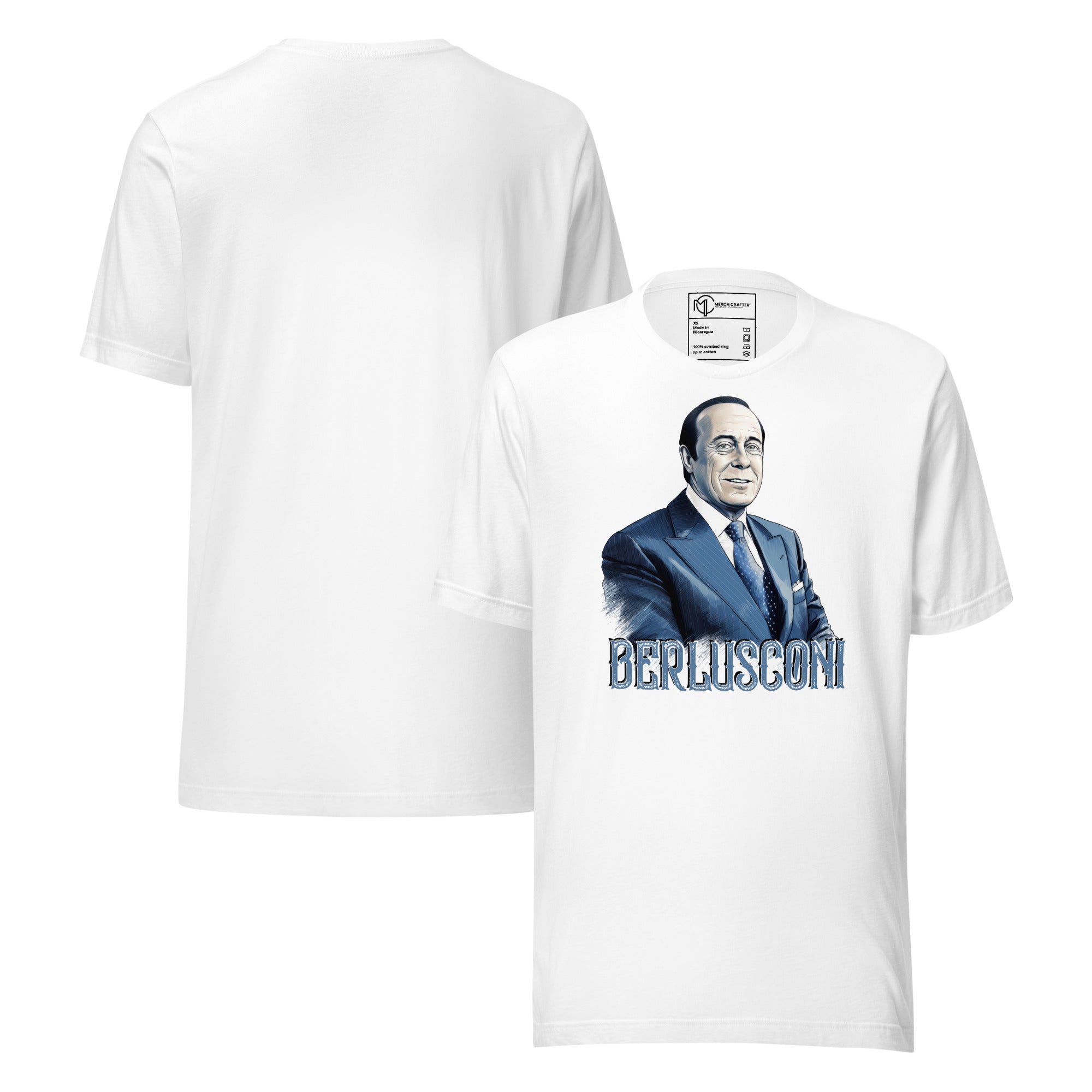 Berlusconi Retro Unisex T-Shirt featuring illustrated portrait of Silvio Berlusconi in vintage style on a white tee.