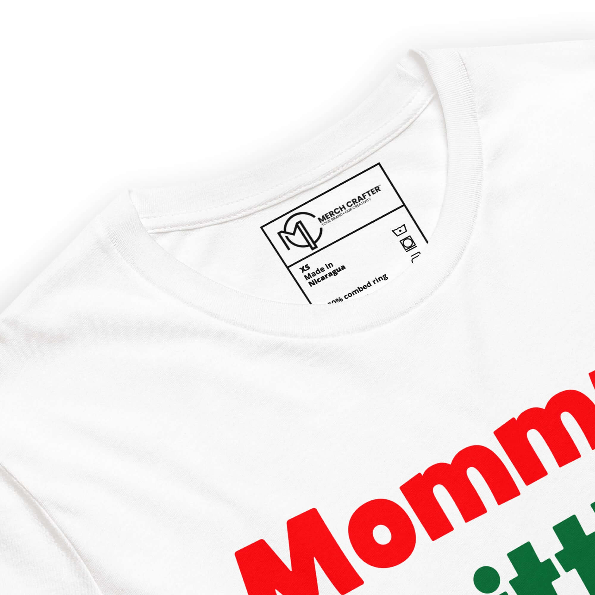 Close-up of Mommy's Little Meatball t-shirt neckline, showcasing fun food-themed design and quality fabric.