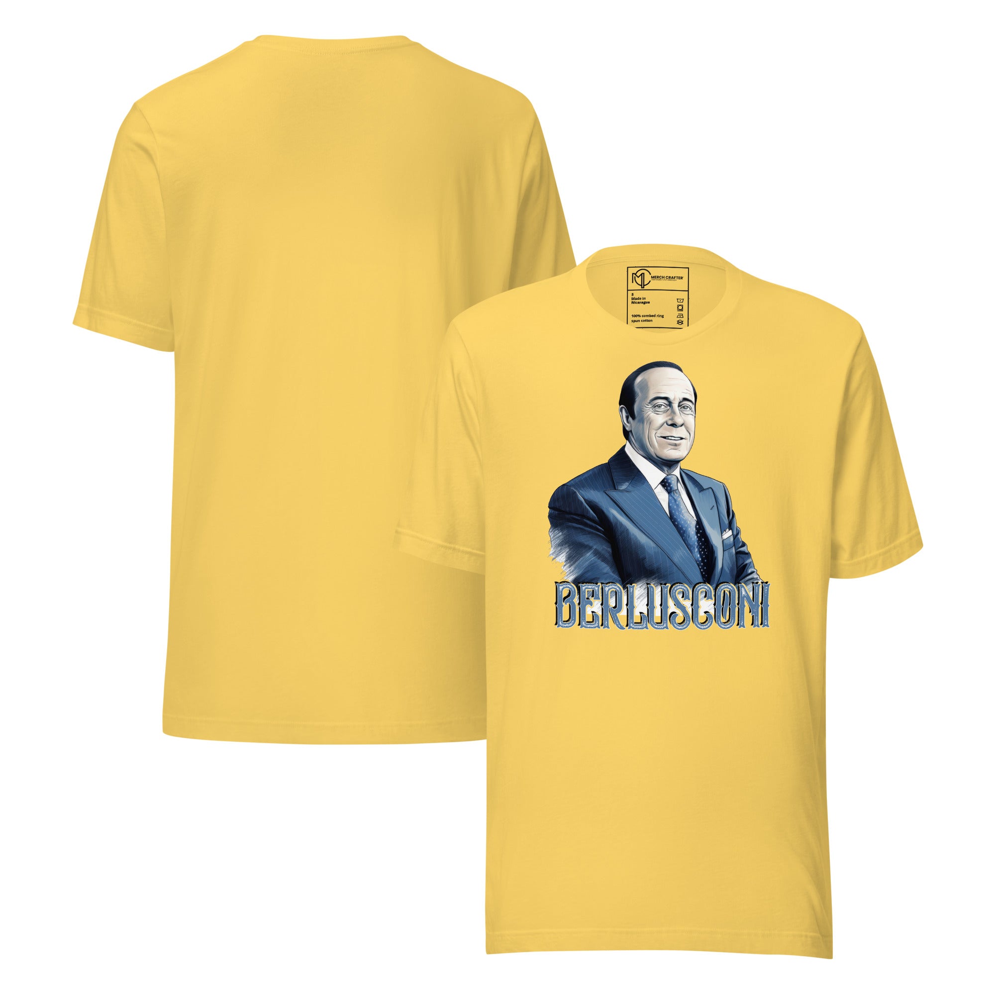 Berlusconi Retro Unisex T-Shirt featuring an illustrated portrait of Silvio Berlusconi on a yellow shirt.