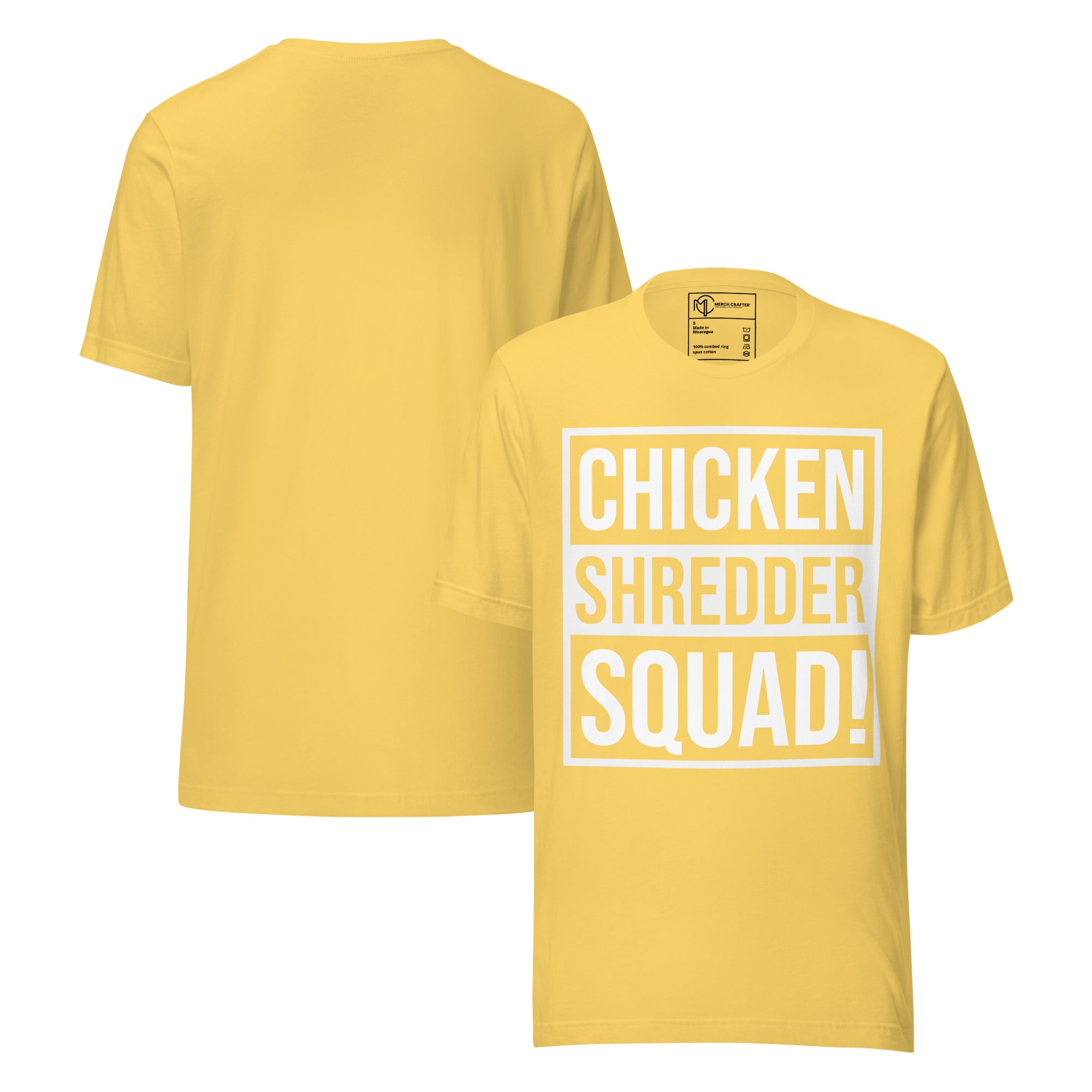 Chicken Shredder Squad Funny Retro Unisex T-Shirt in yellow with bold white typography design.