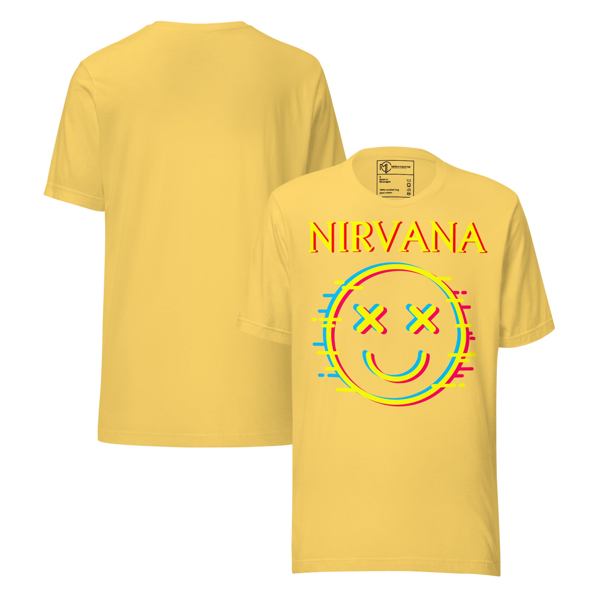 Vintage Nirvana Retro Unisex T-Shirt with neon glitch-style smiley face graphic on a yellow background.
