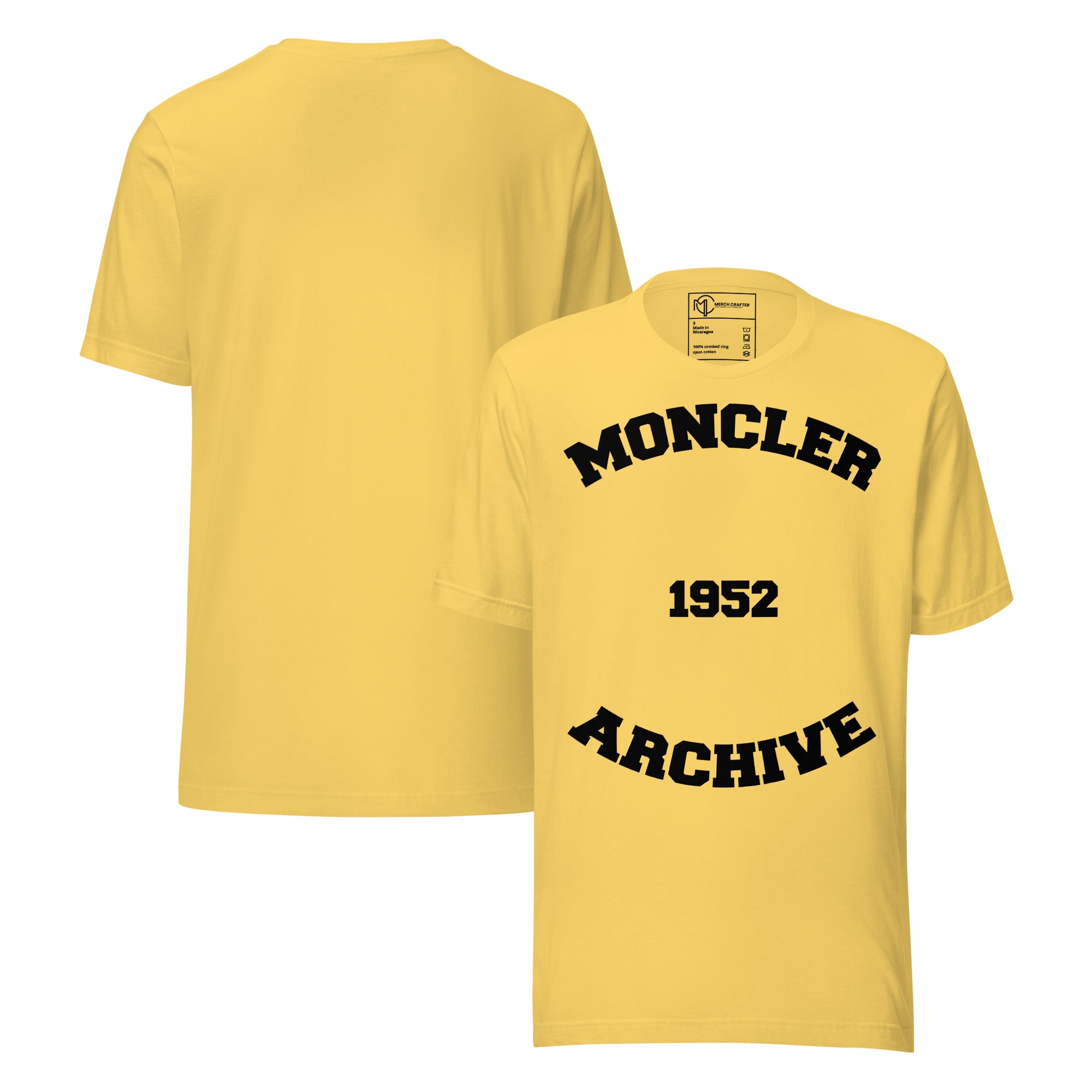 Moncler Archive 1952 yellow unisex t-shirt featuring a bold graphic design on the front.