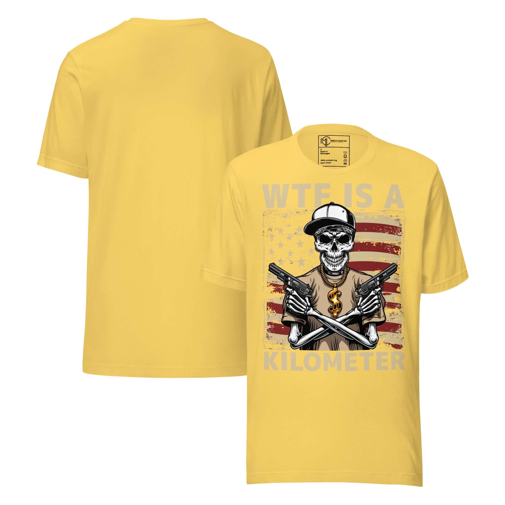 WTF Is a Kilometer Funny Patriotic Unisex T-Shirt with skeleton gangster graphic and American flag design.