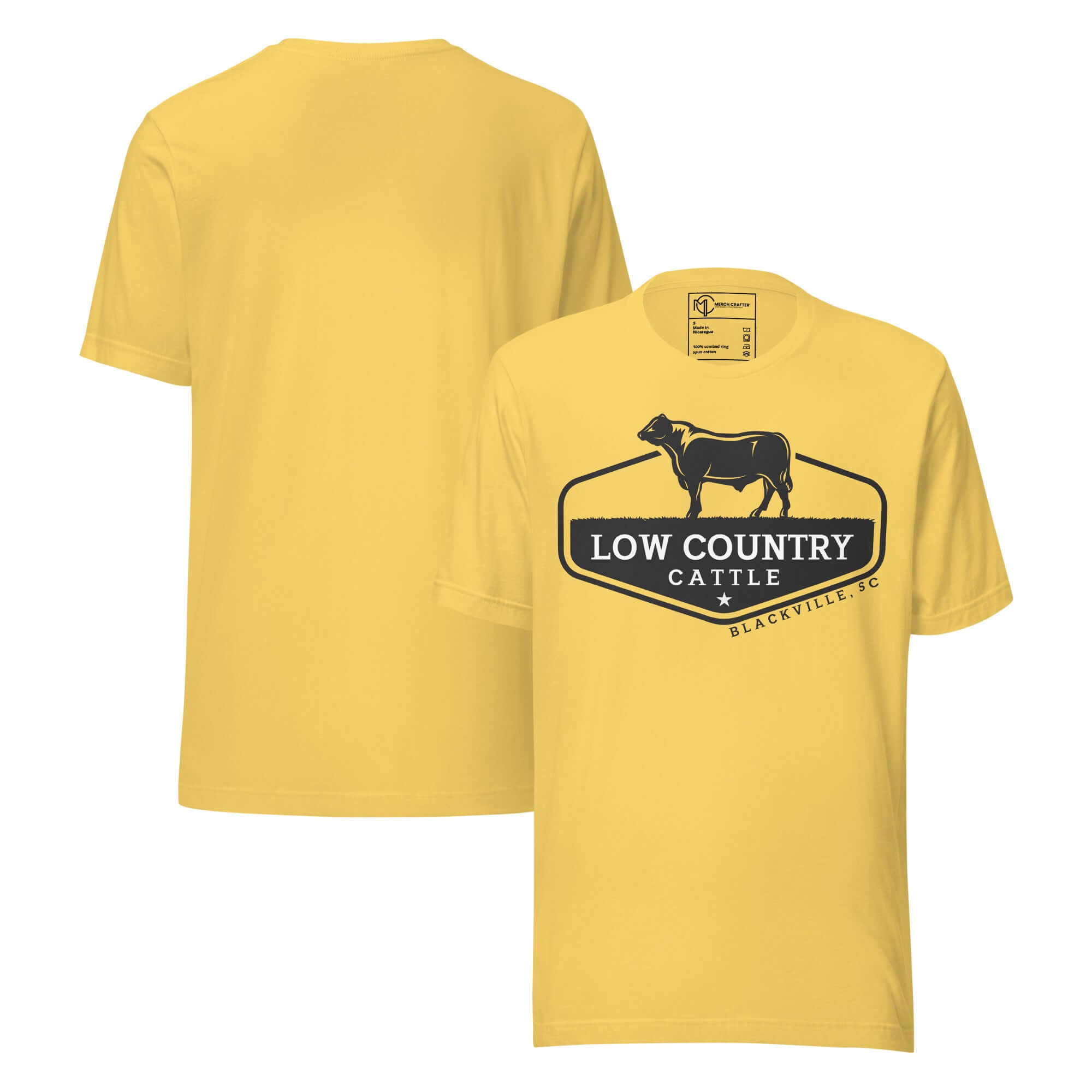 Low Country Cattle Ranch Pride Unisex T-Shirt featuring a bold cattle silhouette and ranch logo in yellow color.