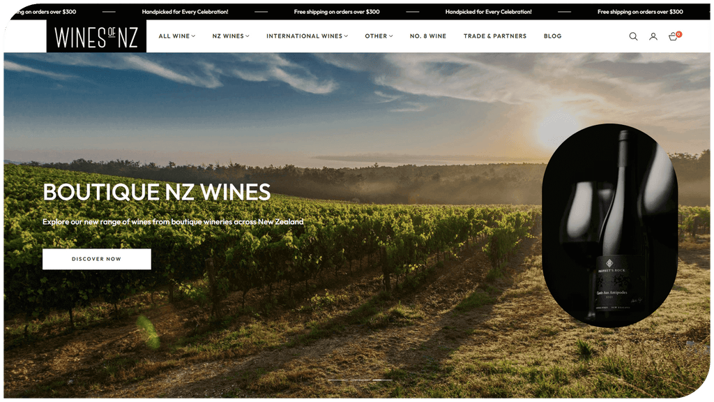 Scenic view of vineyards in New Zealand with a featured wine bottle, promoting boutique NZ wines.