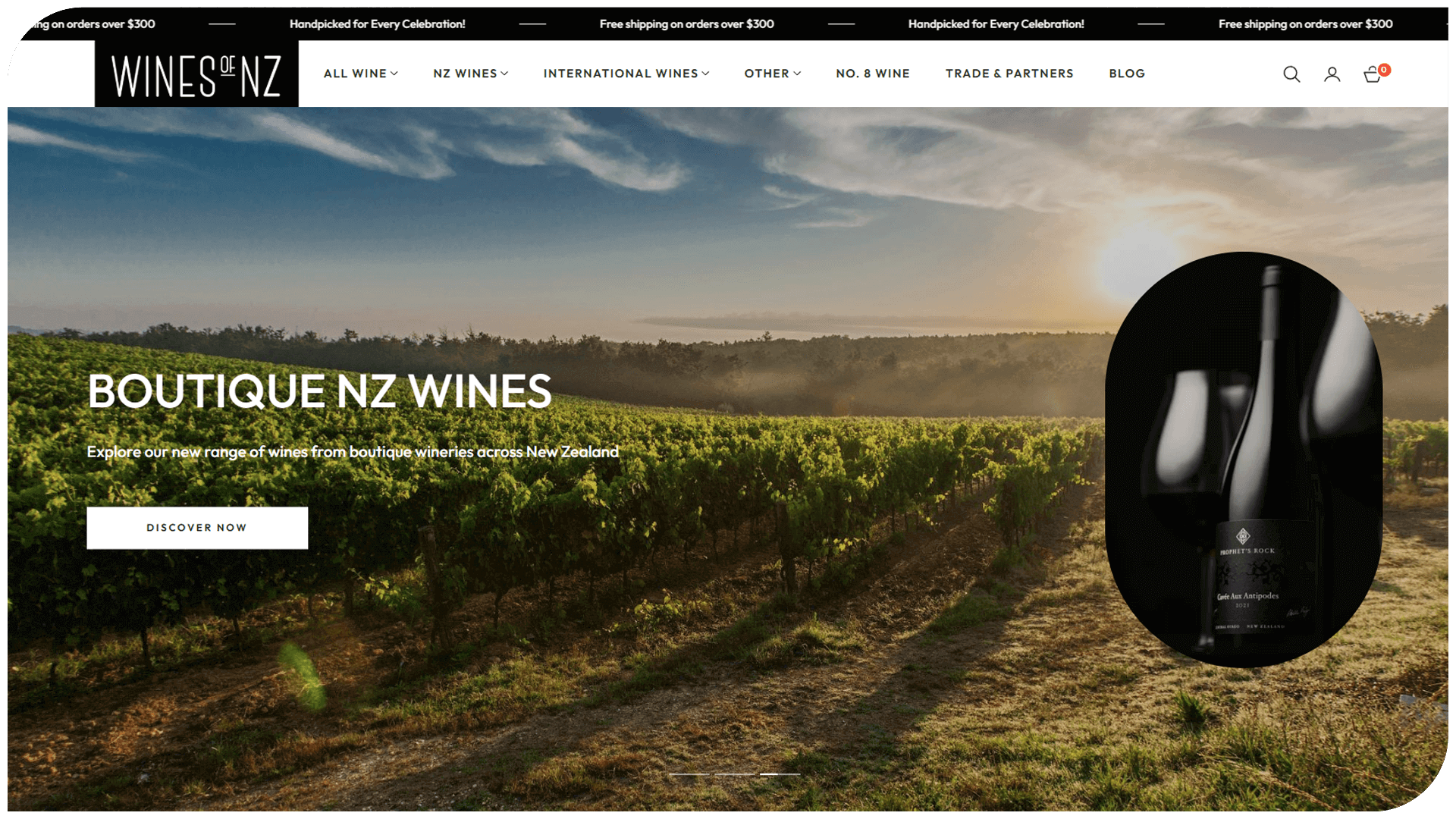 Scenic view of vineyards in New Zealand with a featured wine bottle, promoting boutique NZ wines.